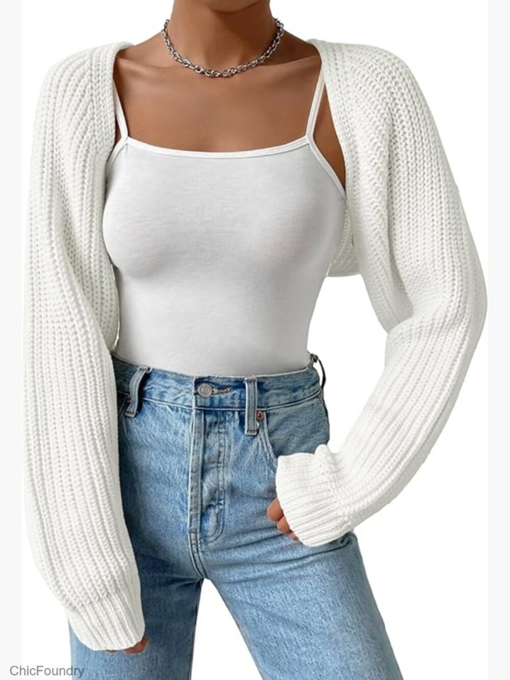 Long Sleeve Open Front Knit Crop Cardigan Shrug Sweater Drop Shoulder